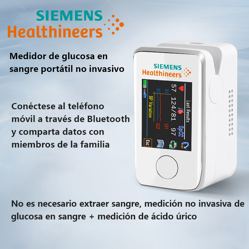 [MMedidor de glucosaen sangremultifuncional noinvasivo] Detecciónde glucosa ensangre, detección deacido úrico,detección de pulsodetección detemperaturacorporal, registro dedatos. Gran pantallatáctil. Conexiónbluetooth